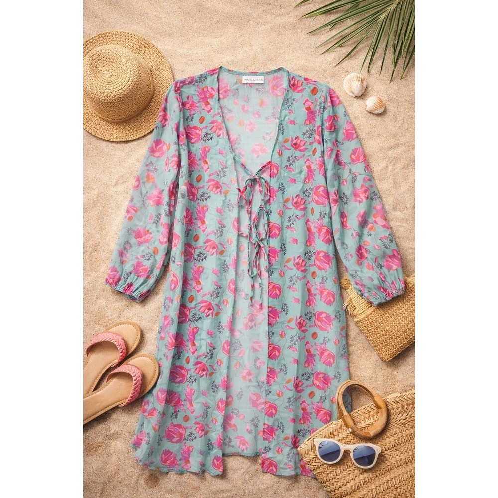 Hazel & Olive Floral Kimono Duster Women One Size Green Pink NEW Sheer Tie Front